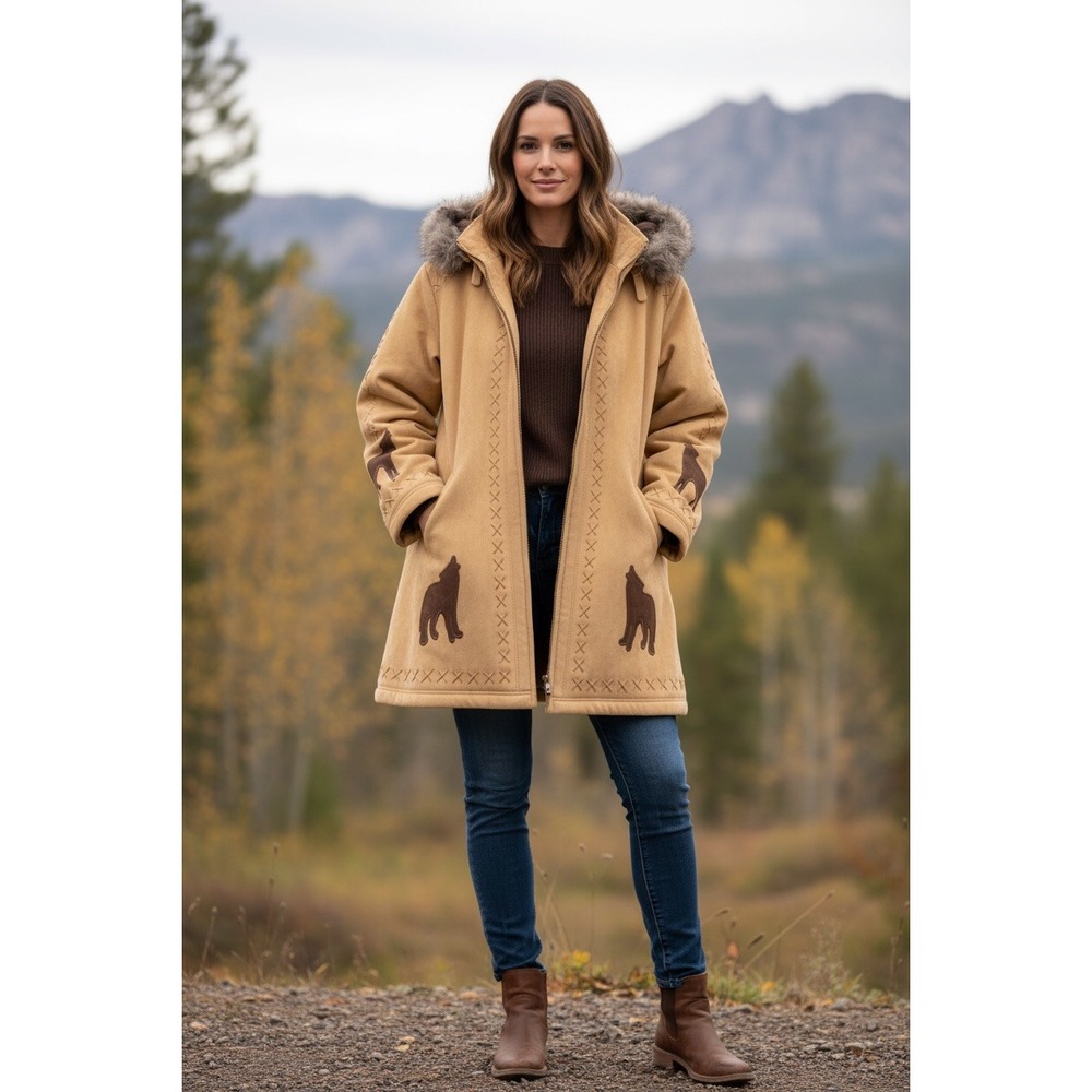 Coldwater Creek‎ Tan Suede Wolf Applique Hooded Fur Trim Winter Coat Ps/runs big